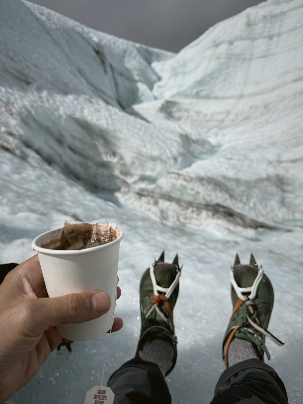 Hot cocoa and crampons on the ice