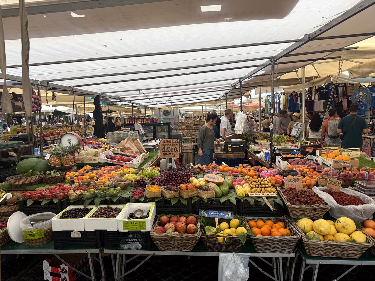 A produce stall at the Campo de’ Fiori market in Rome