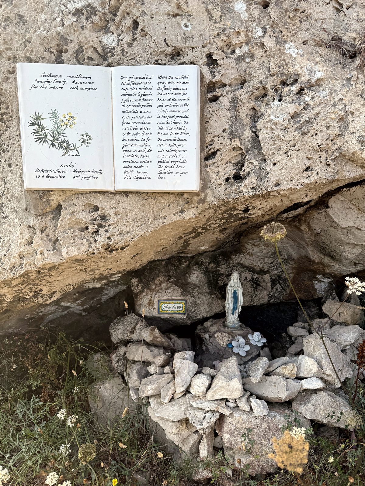 A shrine and plant marker along the trail