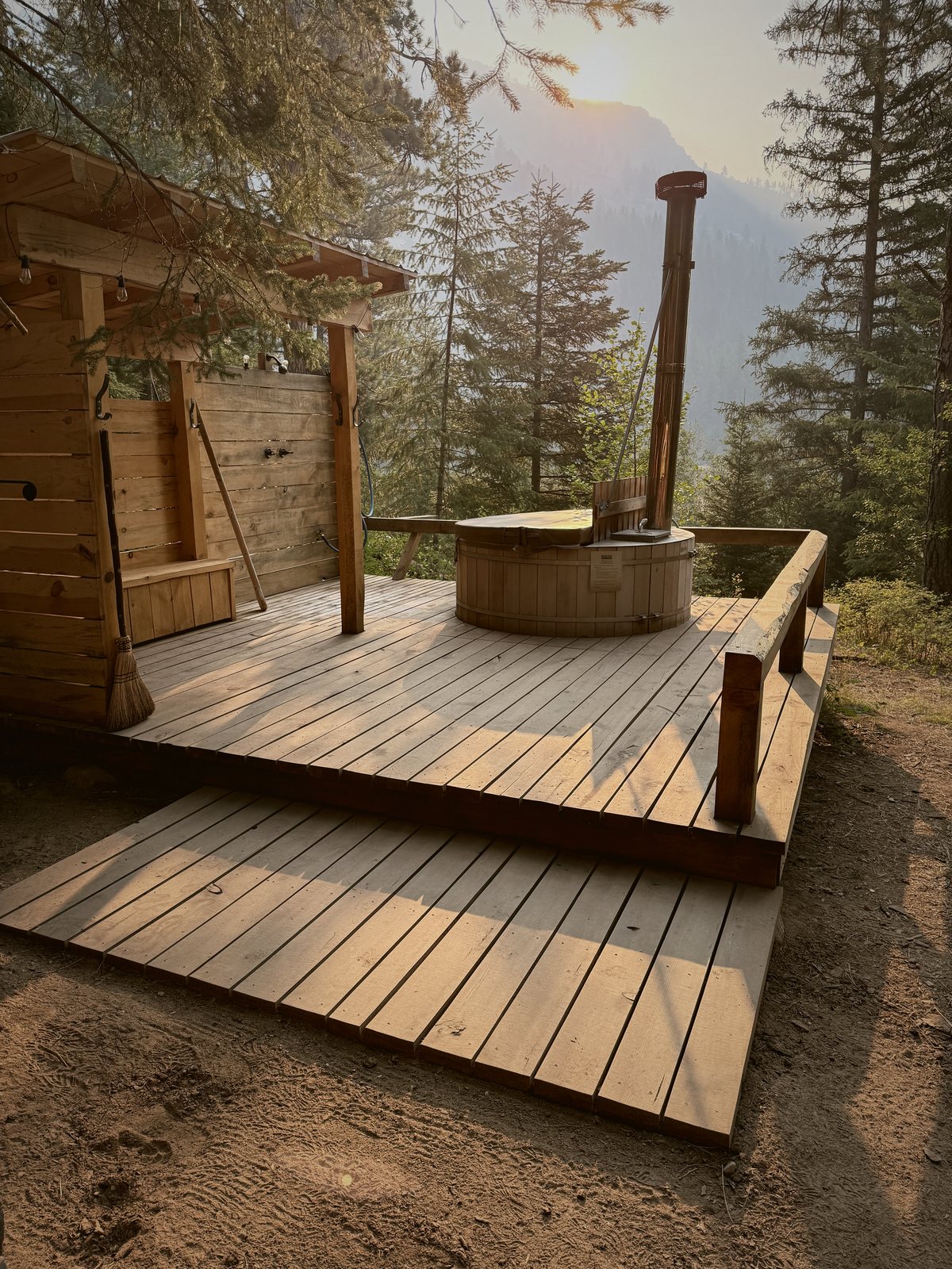 The wood-fired hot tub at sunset